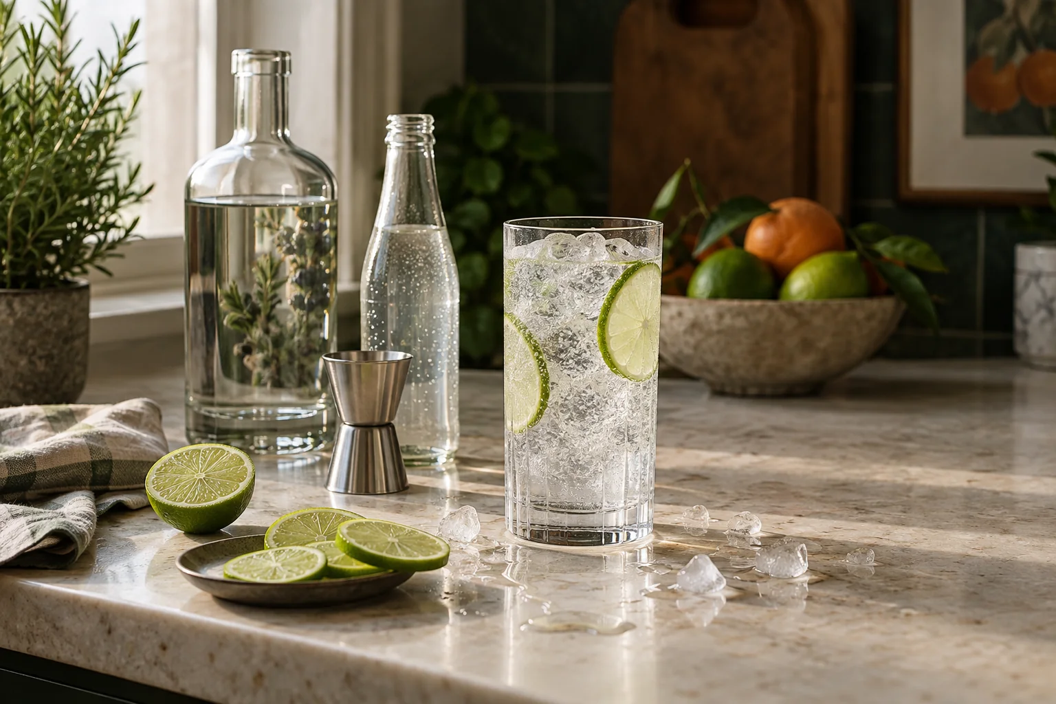 A simple non-alcoholic gin and tonic setup with lime, ice, tonic, and an unbranded bottle.